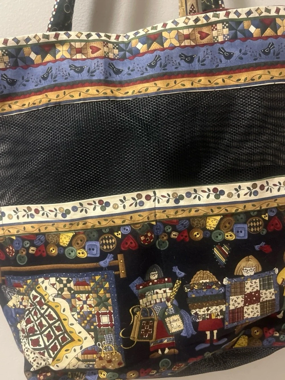 Quilt Patchwork Tote Bag - Black with Multicolor Craft Print